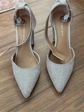 Madden Girl Saaxon Silver Rhinestone Pointed-Toe Ankle-Strap Heels